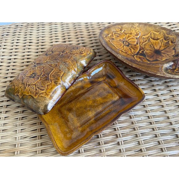 Vintage MCM California Pottery Ashtray Cigarette Box Set Brown Gold Floral - Picture 2 of 15